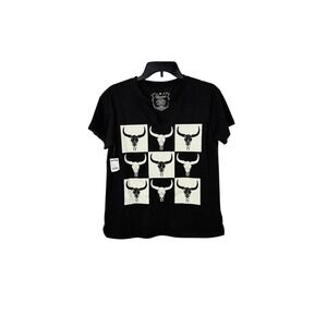 Boot Barn Black Graphic Bull Steer Skull V Neck Short Sleeve T-Shirt Western S
